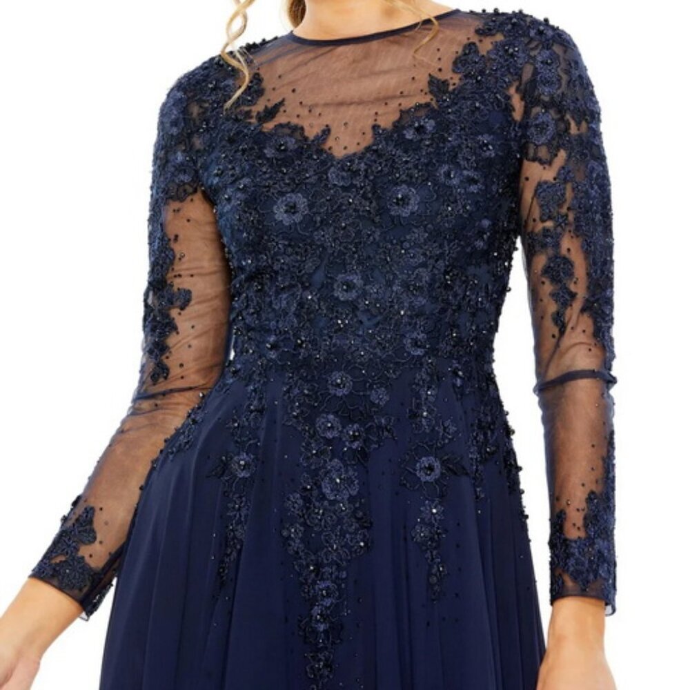 Mac Duggal Midnight Blue Embellished Lace Long Sleeve Mesh Ballgown - Picture 3 of 3